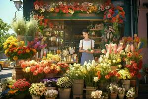 retrato de un sonriente famale florista en pie en flor tienda. ai generado Pro foto