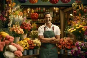 Portrait of a smiling male florist standing in flower shop. ai generated pro photo