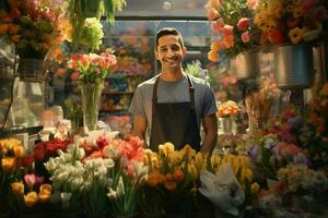 Portrait of a smiling male florist standing in flower shop. ai generated pro photo