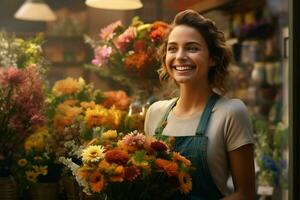 retrato de un sonriente famale florista en pie en flor tienda. ai generado Pro foto