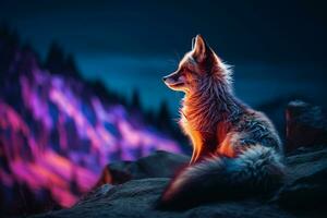 Beautiful fox on the background of the night sky and mountains.  Ai generated pro photo
