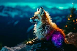 Beautiful fox on the background of the night sky and mountains.  Ai generated pro photo