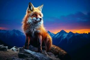 Beautiful fox on the background of the night sky and mountains.  Ai generated pro photo