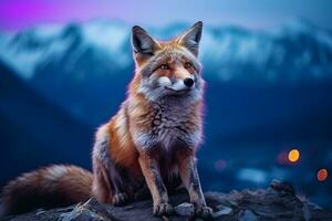 Beautiful fox on the background of the night sky and mountains.  Ai generated pro photo