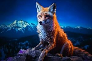 Beautiful fox on the background of the night sky and mountains.  Ai generated pro photo