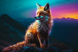 Beautiful fox on the background of the night sky and mountains.  Ai generated pro photo