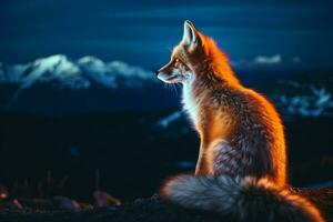 Beautiful fox on the background of the night sky and mountains.  Ai generated pro photo