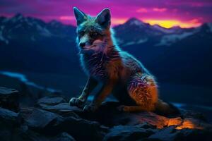 Beautiful fox on the background of the night sky and mountains.  Ai generated pro photo