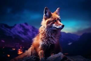 Beautiful fox on the background of the night sky and mountains.  Ai generated pro photo