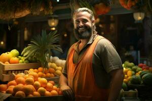 Portrait of a smiling man selling fruits in a fruit shop. Ai generated pro photo