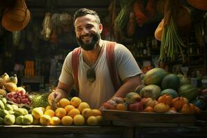 retrato de un sonriente hombre de venta frutas en un Fruta tienda. ai generado Pro foto