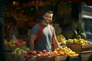 Portrait of a smiling man selling fruits in a fruit shop. Ai generated pro photo