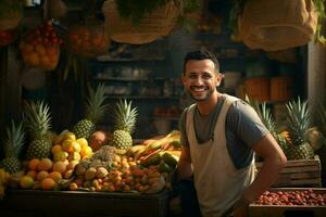 Portrait of a smiling man selling fruits in a fruit shop. Ai generated pro photo