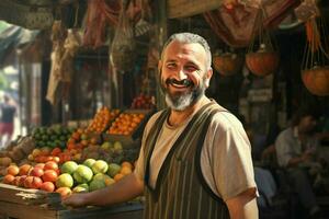 Portrait of a smiling man selling fruits in a fruit shop. Ai generated pro photo