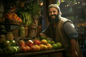 Portrait of a smiling man selling fruits in a fruit shop. Ai generated pro photo