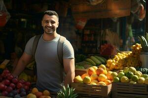 Portrait of a smiling man selling fruits in a fruit shop. Ai generated pro photo