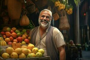 retrato de un sonriente hombre de venta frutas en un Fruta tienda. ai generado Pro foto