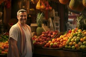 retrato de un sonriente hombre de venta frutas en un Fruta tienda. ai generado Pro foto