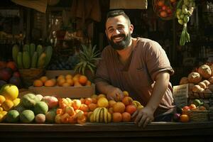 retrato de un sonriente hombre de venta frutas en un Fruta tienda. ai generado Pro foto