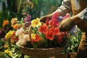 Florist holding basket with beautiful bouquet of spring flowers in garden. ai generated pro photo