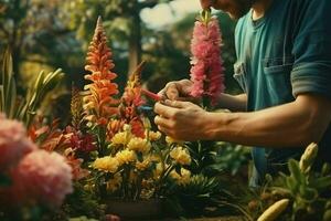 Male florist working in flower shop. Flower shop concept. ai generated pro photo