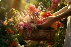 Florist holding basket with beautiful bouquet of spring flowers in garden. ai generated pro photo