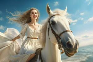 Beautiful girl in a white dress riding a horse on the beach. ai generated pro photo