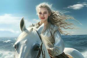 hermosa niña en un blanco vestir montando un caballo en el playa. ai generado Pro foto