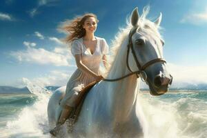 hermosa niña en un blanco vestir montando un caballo en el playa. ai generado Pro foto