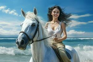 hermosa niña en un blanco vestir montando un caballo en el playa. ai generado Pro foto