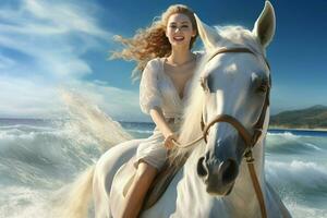 hermosa niña en un blanco vestir montando un caballo en el playa. ai generado Pro foto