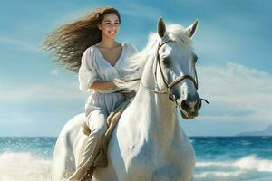 hermosa niña en un blanco vestir montando un caballo en el playa. ai generado Pro foto