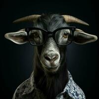 Portrait of a goat with glasses on a black background. Studio shot. ai generated pro photo