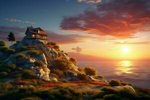 Beautiful house in the mountains at sunrise. View from the top of the mountain. ai generated pro photo