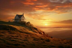 Beautiful house in the mountains at sunrise. View from the top of the mountain. ai generated pro photo