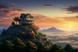 Beautiful house in the mountains at sunrise. View from the top of the mountain. ai generated pro photo