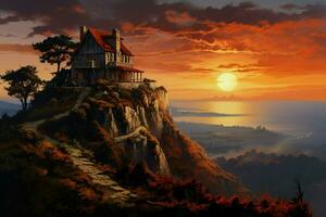 Beautiful house in the mountains at sunrise. View from the top of the mountain. ai generated pro photo