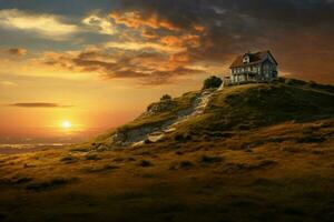 Beautiful house in the mountains at sunrise. View from the top of the mountain. ai generated pro photo