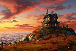 Beautiful house in the mountains at sunrise. View from the top of the mountain. ai generated pro photo