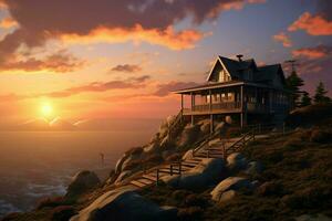 Beautiful house in the mountains at sunrise. View from the top of the mountain. ai generated pro photo