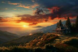 Beautiful house in the mountains at sunrise. View from the top of the mountain. ai generated pro photo