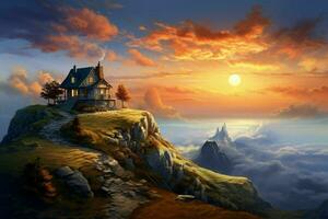 hermosa casa en el montañas a amanecer. ver desde el parte superior de el montaña. ai generado Pro foto
