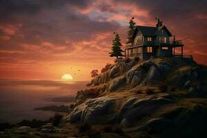 Beautiful house in the mountains at sunrise. View from the top of the mountain. ai generated pro photo