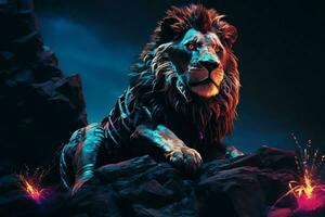 Lion on the rock. Fantasy background. 3D illustration. ai generated pro photo