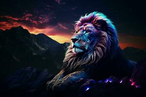 Lion on the rock. Fantasy background. 3D illustration. ai generated pro photo