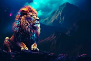 Lion on the rock. Fantasy background. 3D illustration. ai generated pro photo