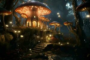 Fantasy landscape with magic castle and mushrooms. 3D illustration. ai generated pro photo