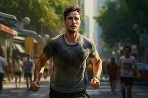 Running man jogging on city street at sunrise. Sport fitness model caucasian ethnicity training outdoor. ai generated pro photo