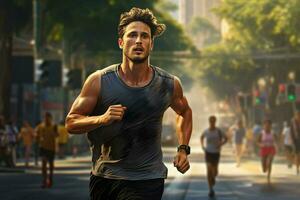 Running man jogging on city street at sunrise. Sport fitness model caucasian ethnicity training outdoor. ai generated pro photo