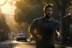 Running man jogging on city street at sunrise. Sport fitness model caucasian ethnicity training outdoor. ai generated pro photo